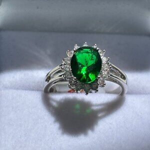 Oval Green Gemstone & Crystal Halo Silver Ring Size 7 With Presentation Box